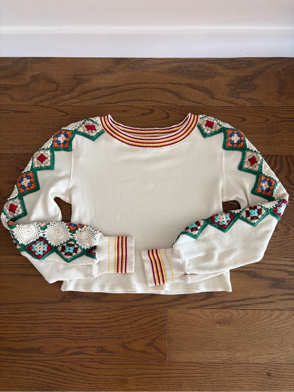 Free People Cream Crewneck Sweater with Multicolor Crochet Accents